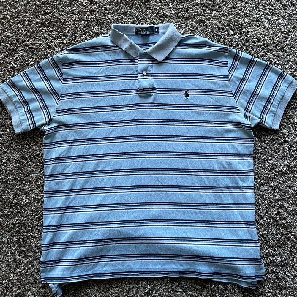 Polo Ralph Lauren Shirt Large L Blue Striped Short Sleeve Logo Golf Top Mens